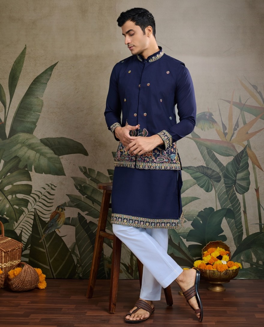 61234-navyblue - Stylish Navy Men's Kurta Koti Set – Elegant & Trendy
